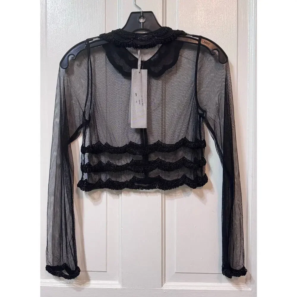NWT Monique Leshman Black Sheer Scallop Beaded Crop Blouse Top Size S